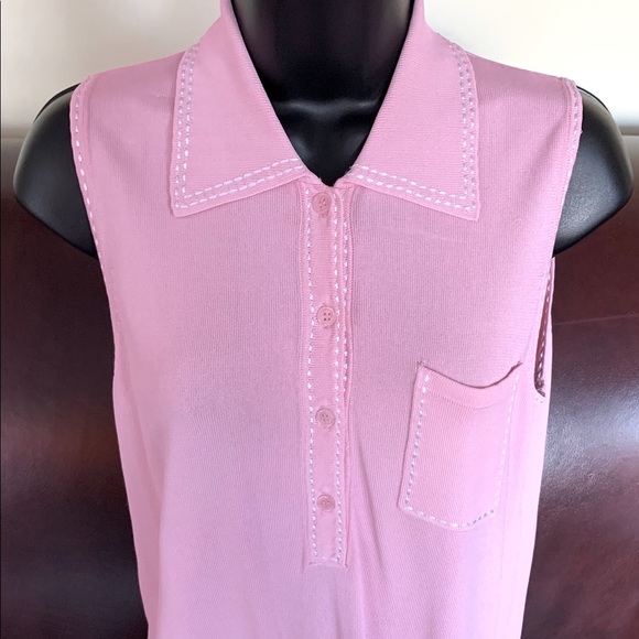 Vakko Pink Polo Style Knit Tank Top white silk stiches & chest pocket Eur 3 US M - Picture 3 of 5
